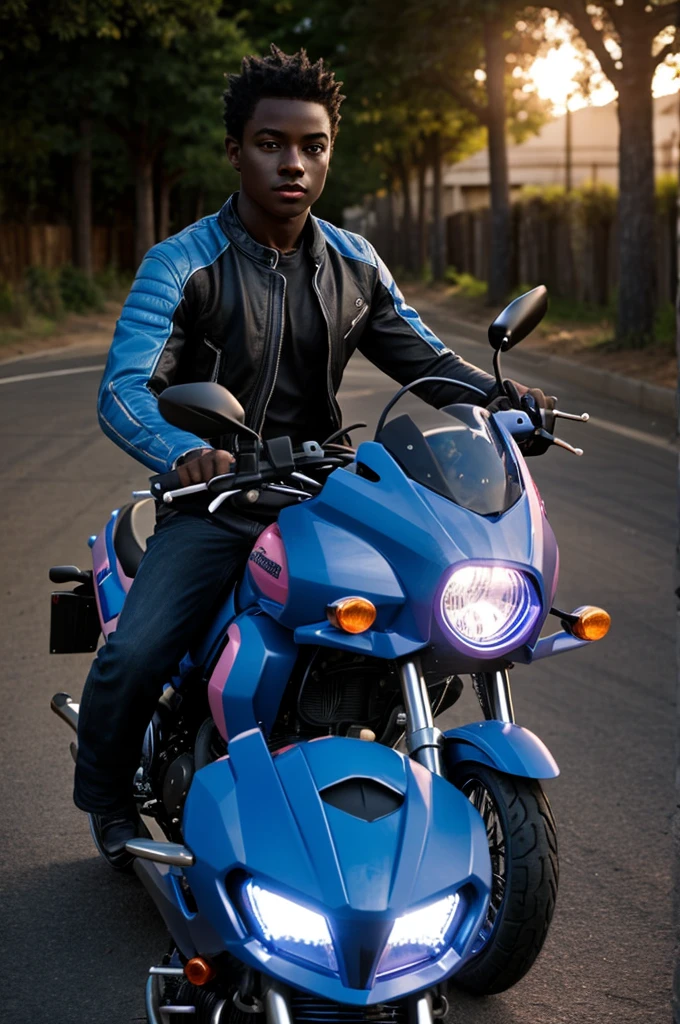 Create a boy with dark skin and a pink headlight riding a blue motorcycle and say engember of text.