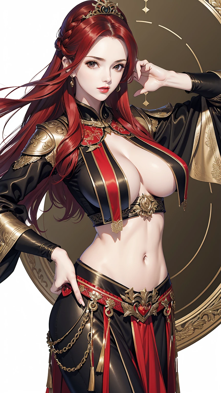 masterpiece, best quality, female, fortune, face portrait,red hair,long hair,abs, beautiful,breasts,black dress,breasts curtains,china dress,bottomless,midriff,pale skin,milf,busty,big breasts,black shoulder pads,sideboob,empress,huge breasts,sexy bride outfit,garter belt,liff skirt,dress,(hip cutout),revealing hip,cleavage to navel,wet,oiled skin