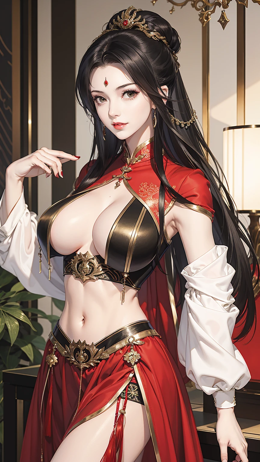 masterpiece, best quality, female, fortune, face portrait,red hair,long hair,abs, beautiful,breasts,black dress,breasts curtains,china dress,bottomless,midriff,pale skin,milf,busty,big breasts,black shoulder pads,sideboob,empress,huge breasts,sexy bride outfit,garter belt,liff skirt,dress,(hip cutout),revealing hip,cleavage to navel,wet,oiled skin