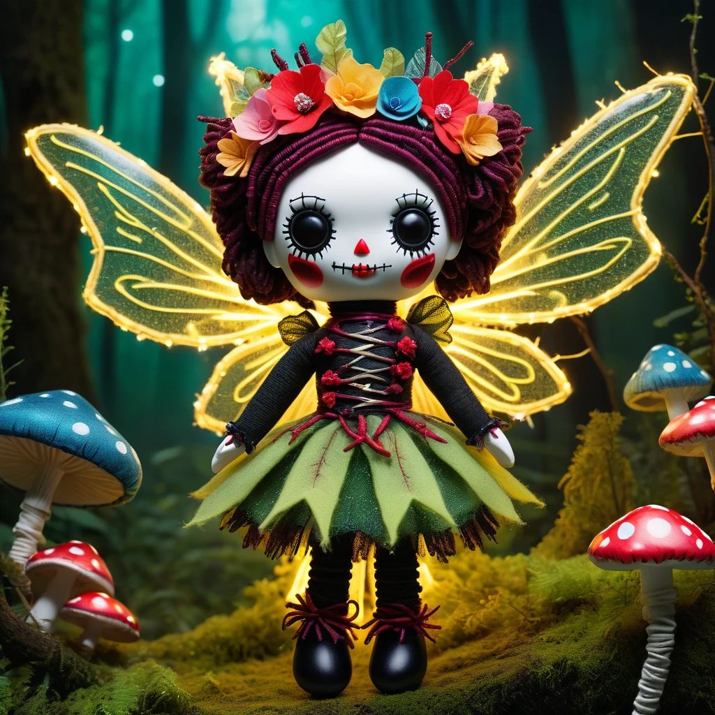 (knitted toy voodoo doll:1.5), (Voodoo Doll in an Insect World:1.3), (Clothing: insect-themed attire with wing patterns:1.0), (Accessories: enchanted leaf emitting green light, floating insects:1.1), (background: oversized forest floor with towering plants, crawling insects, and glowing bioluminescent fungi:1.2), best quality, masterpiece, detailed soft oil painting, detailed background, dramatic cinematic lighting, soft edge lighting, professional, dramatic lighting, hard edge lighting, ultra quality, 4k,masterpiece, best quality, 8k, ultra highres, highres, extremely detailed