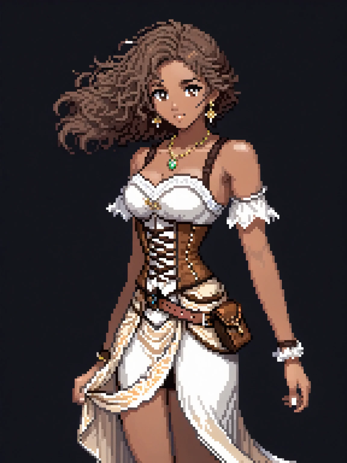 (Pixel art: 1.2), 1 young woman, 23 years old, dark skin, with medium dark brown curly hair held back by a cloth, wearing a medieval white dress with floral details, a light brown leather corset belt, a sheath for potions, gold earrings, a stone necklace, bandages on her left hand, dress covering her entire body, brown sandals, side view, visible lips and nose, Black background, strong physique, neutral expression.