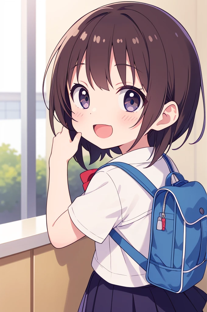 Super detailed,Highest quality,masterpiece, One girl, Hinata_Hoshino_watashinitenshigamaiorita ,tooth,,school bag,From the back,smile,Open your mouth,Cute pose