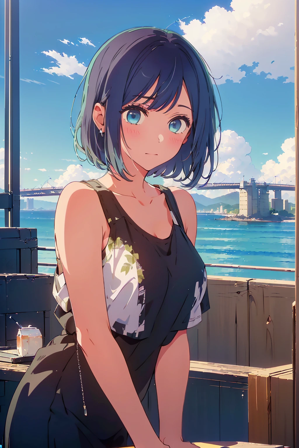 (Highest quality:1.4、masterpiece:1.4、Super detailed:1.4、Ultra-high resolution:1.4、8K:1.4)、Slim body、Big Breasts、((((1 person、Surprised expression、In the background are the urban buildings of Tokyo、looking at the camera、Seaside café terrace、Get up close and take a photo、Photographing the upper body、Very cute face))))、((((nude、very beautiful areola))))、(Pose with hands tucked behind ears:1.4)、(((Black tank top)))、valley、Very blue sky、A completely cloudless sky
