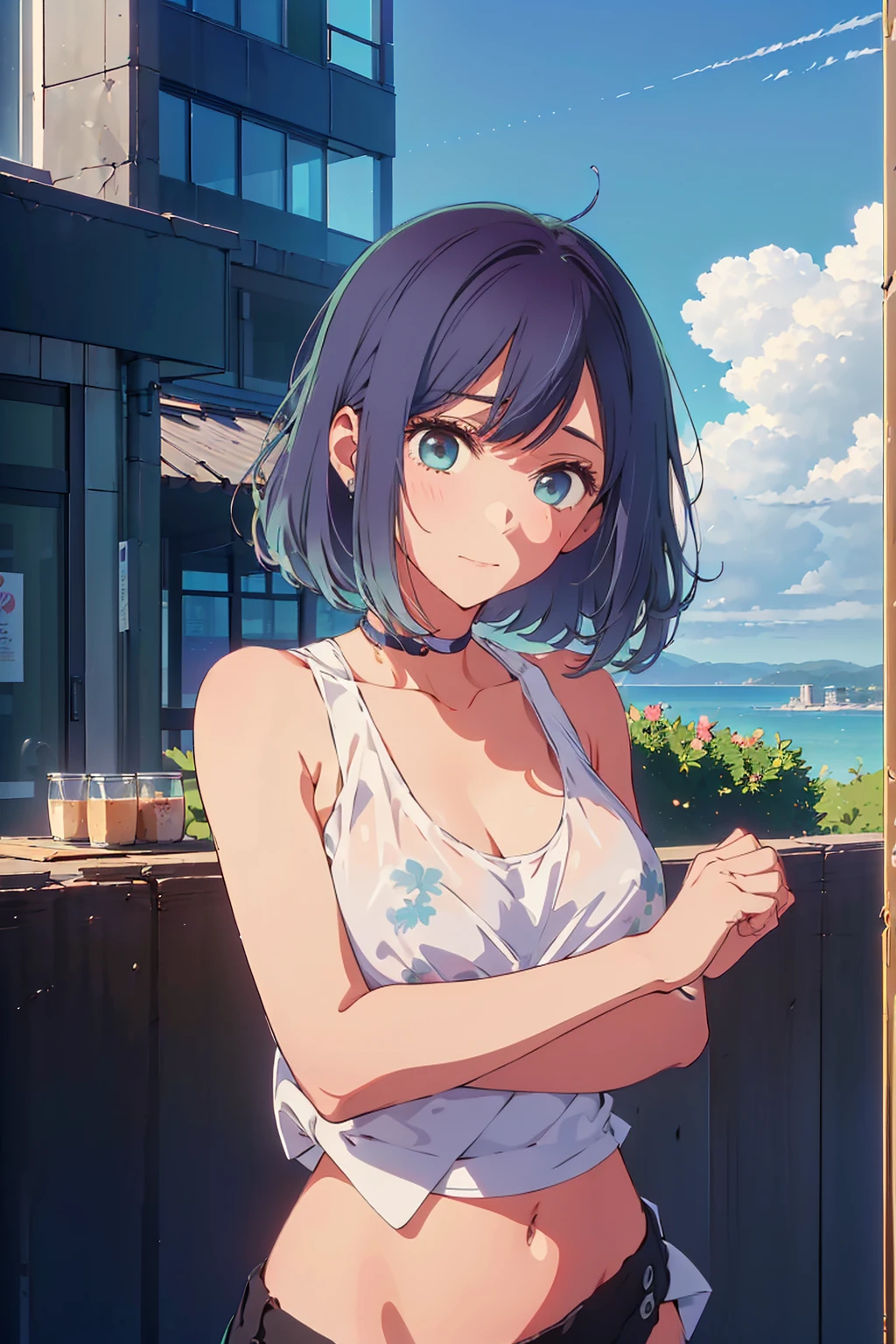 (Highest quality:1.4、masterpiece:1.4、Super detailed:1.4、Ultra-high resolution:1.4、8K:1.4)、Slim body、Big Breasts、((((1 person、Surprised expression、In the background are the urban buildings of Tokyo、looking at the camera、Seaside café terrace、Get up close and take a photo、Photographing the upper body、Very cute face))))、((((nude、very beautiful areola))))、(Pose with hands tucked behind ears:1.4)、(((Black tank top)))、valley、Very blue sky、A completely cloudless sky