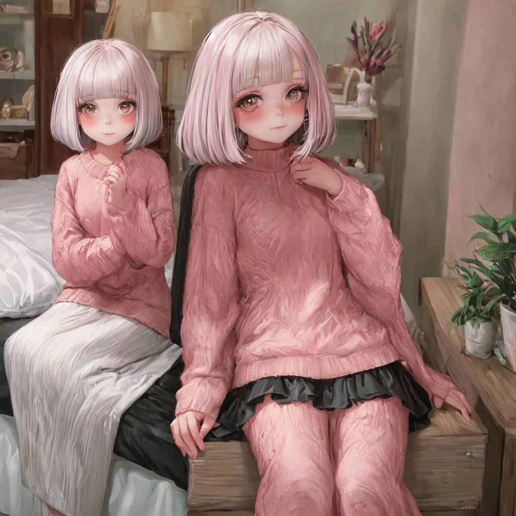 An 8-year-old girl is sitting in her room. She has blunt bangs and a bob haircut, with pale pink hair. She is wearing light blush on her cheeks and has a cute, youthful face. She is dressed in casual indoor clothes, looking relaxed. The background shows part of her room, creating a warm and cozy atmosphere.