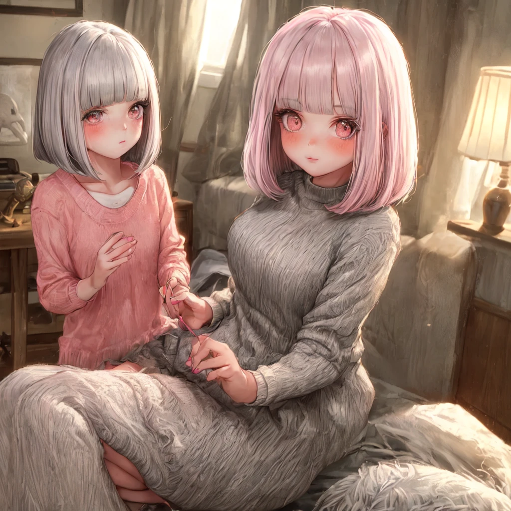 An 8-year-old girl is sitting in her room. She has blunt bangs and a bob haircut, with pale pink hair. She is wearing light blush on her cheeks and has a cute, youthful face. She is dressed in casual indoor clothes, looking relaxed. The background shows part of her room, creating a warm and cozy atmosphere.