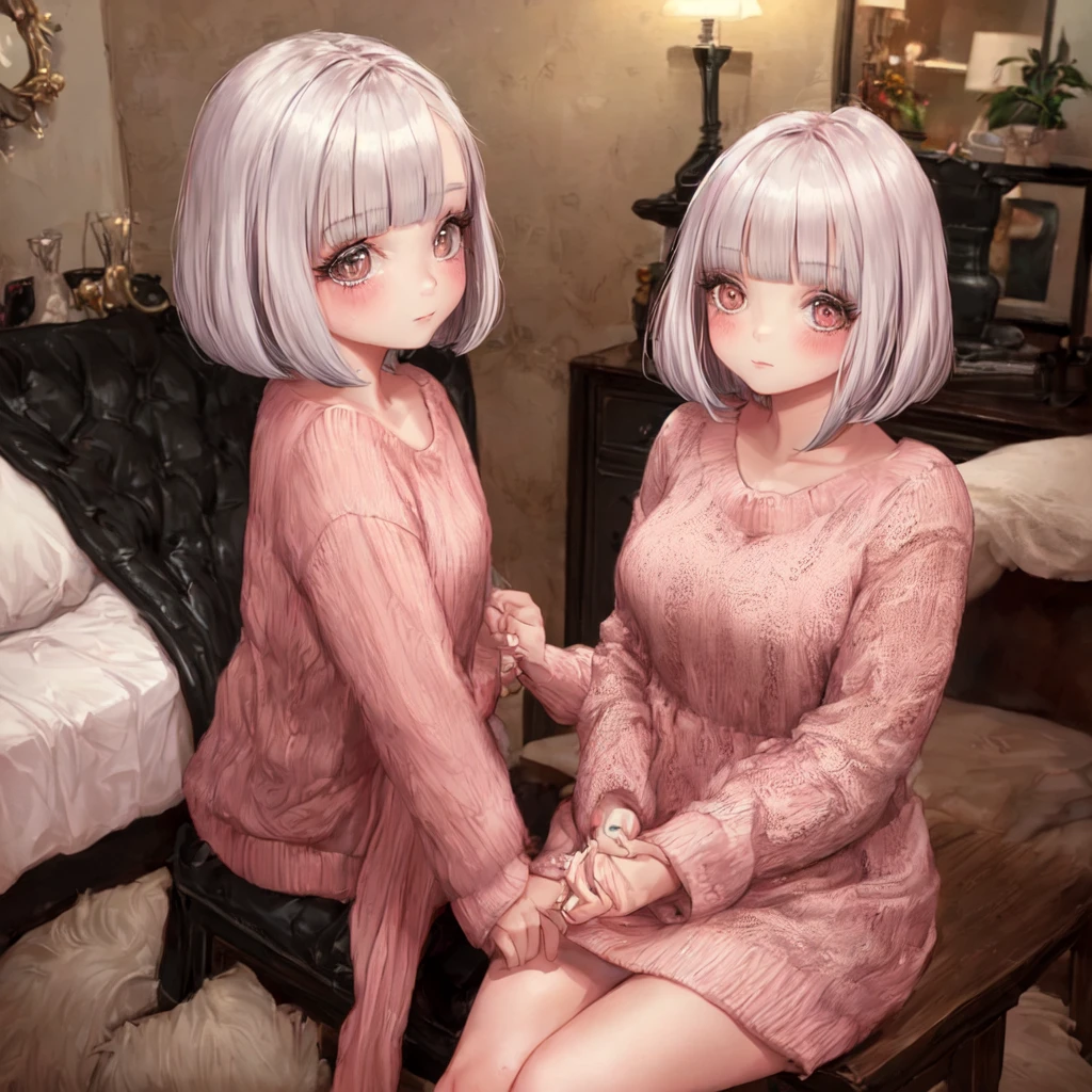 An is sitting in her room. She has blunt bangs and a bob haircut, with pale pink hair. She is wearing light blush on her cheeks and has a cute, youthful face. She is dressed in casual indoor clothes, looking relaxed. The background shows part of her room, creating a warm and cozy atmosphere.