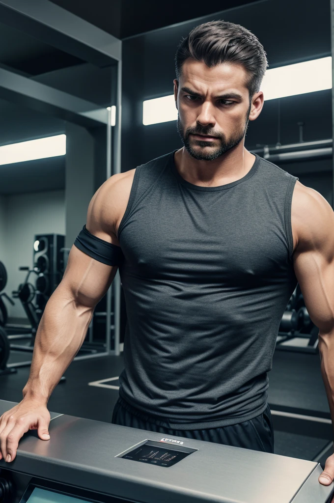 Generate a image of a man who is take a weight machine on his left hand and so sad realistic.