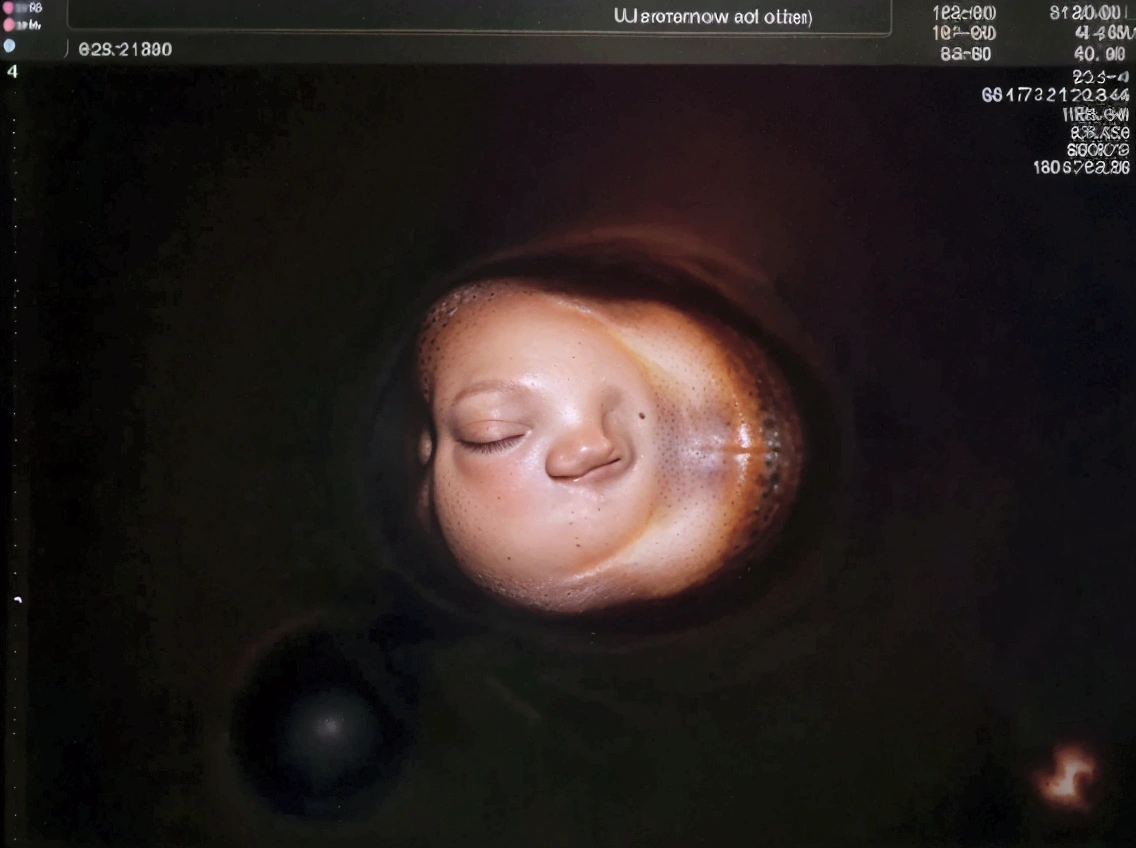 Enhance this 4D ultrasound image of a 32 weeks fetus. Arafed image of a baby's face, fetus, high-resolution scan, Very chromatic aberration, extremely high-quality scan, Hyper-realistic simulation, high-quality scan, Bump mapping, High-quality 3D realism, simetry! human fetus, Realistic flesh texture, Heavy JPEG artifact blurred, Highly realistic bump mapping, high-resolution scan. A close-up image of a head with an image of a 32 weeks fetus, high-resolution scan, high-resolution scan, Escaneo 4K, Escaneo 4K, Escaneo HD, fetus, Close - IP shot, Tapa de pantalla, Medical imaging, Highly coherent image, Detailed analysis, screen capture, extremely high-quality scan, 8K scan, 8K scan, Detailed screen capture. face in profile. eyes closed