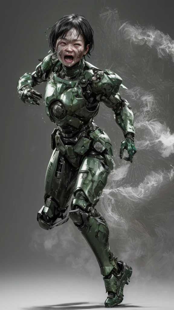 Rough skin, Very detailed, Advanced Details, high quality, 最high quality, High resolution, 1080P 、Bleeding from the wound、Sexy Eyes、Wearing green and black、cute((The whole body is sweating))(Equipped with a damaged battle suit....)(Dark green armor)(Broken Armor)Black Hair、Chiquita、short hair、Open your mouth、Painful expression、It hurts again、Healthy Skin、40-year-old woman (Steam coming out of the face) ((Steam from the body)) Unable to fight Severe attacks Normal face freckles Full-body portrait with no exposed skin