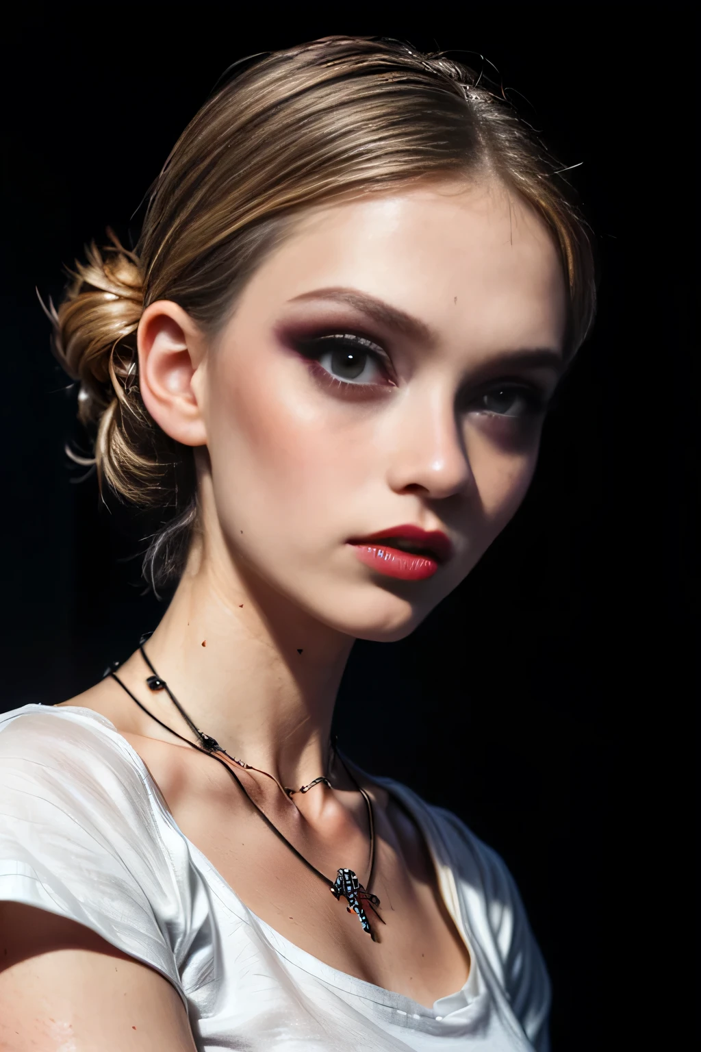 (masterpiece, photorealistic:1.4, extremely intricate:1.3, radiosity, photon mapping, dtx, 8K), ((((closeup necklace, white t-shirt, humid)), humid, [skin detail:freckles:0.6], makeup:1.6, red lips, 19 year age supermodel), dark room, ((black background, dark room, empty room, makeup:1.2)))