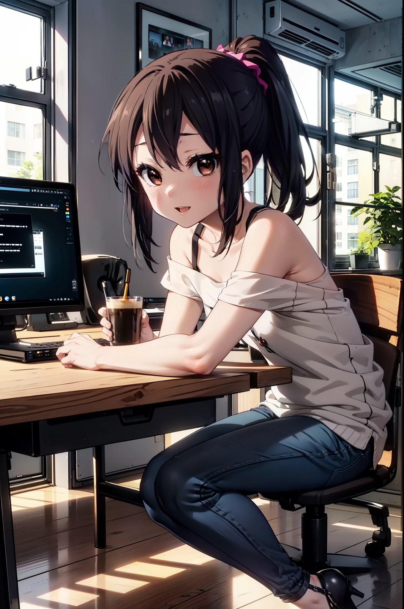 meet, Azusa Nakano, Black Hair, (Brown eyes:1.5), Long Hair, ponytail,Cold shoulder tops,Short sleeve,Skinny jeans,Stiletto heels,happy smile, smile, Open your mouth,interior,There is a computer on the table,Walking,So that the whole body goes into the illustration,昼間
break indoors, office,
break looking at viewer,
break (masterpiece:1.2), Highest quality, High resolution, unity 8k wallpaper, (figure:0.8), (Beautiful attention to detail:1.6), Highly detailed face, Perfect lighting, Highly detailed CG, (Perfect hands, Perfect ???????),