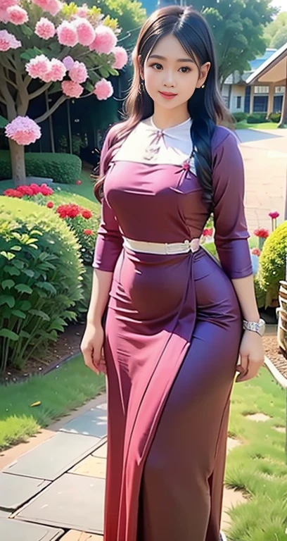 Burmese girl Purple red Silk dress attractive curvy full body. Friends full-length bikini, ( Dress too shiny dress) reflective long dress painted with flower patterns, only dress. hi gh hips High resolution High resolution natural background High resolution HD 3D, 8K cartoon anime