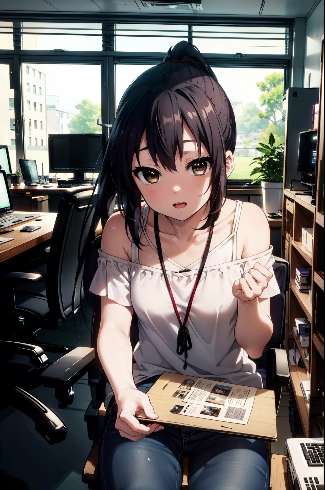 meet, Azusa Nakano, Black Hair, (Brown eyes:1.5), Long Hair, ponytail,Cold shoulder tops,Short sleeve,Skinny jeans,Stiletto heels,happy smile, smile, Open your mouth,interior,There is a computer on the table,Walking,So that the whole body goes into the illustration,昼間
break indoors, office,
break looking at viewer,
break (masterpiece:1.2), Highest quality, High resolution, unity 8k wallpaper, (figure:0.8), (Beautiful attention to detail:1.6), Highly detailed face, Perfect lighting, Highly detailed CG, (Perfect hands, Perfect Anatomy),