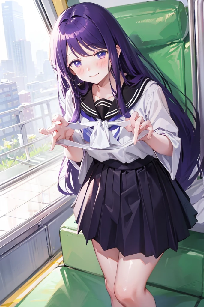 Holding white panties、Perfect hands、Detailed hands、Take off the white panties、Smirking face、Blushing、Black Skirt、Light purple hair、Semi-long hair、、Japanese school uniform、schoolgirl、on the train、Strap、、８K,Masterpiece、Light purple hair、Semi-long hair、、Japanese 、、、、、白色のShowing panties、、Blushing、、Showing panties、Pull up your skirt、Blushing、on the train、Strap