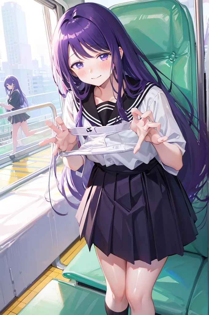 Holding white panties、Perfect hands、Detailed hands、Take off the white panties、Smirking face、Blushing、Black Skirt、Light purple hair、Semi-long hair、、Japanese school uniform、schoolgirl、on the train、Strap、、８K,Masterpiece、Light purple hair、Semi-long hair、、Japanese 、、、、、白色のShowing panties、、Blushing、、Showing panties、Pull up your skirt、Blushing、on the train、Strap