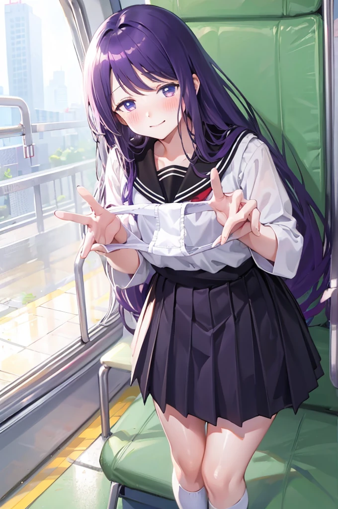 Holding white panties、Perfect hands、Detailed hands、Take off the white panties、Smirking face、Blushing、Black Skirt、Light purple hair、Semi-long hair、、Japanese school uniform、schoolgirl、on the train、Strap、、８K,Masterpiece、Light purple hair、Semi-long hair、、Japanese 、、、、、白色のShowing panties、、Blushing、、Showing panties、Pull up your skirt、Blushing、on the train、Strap