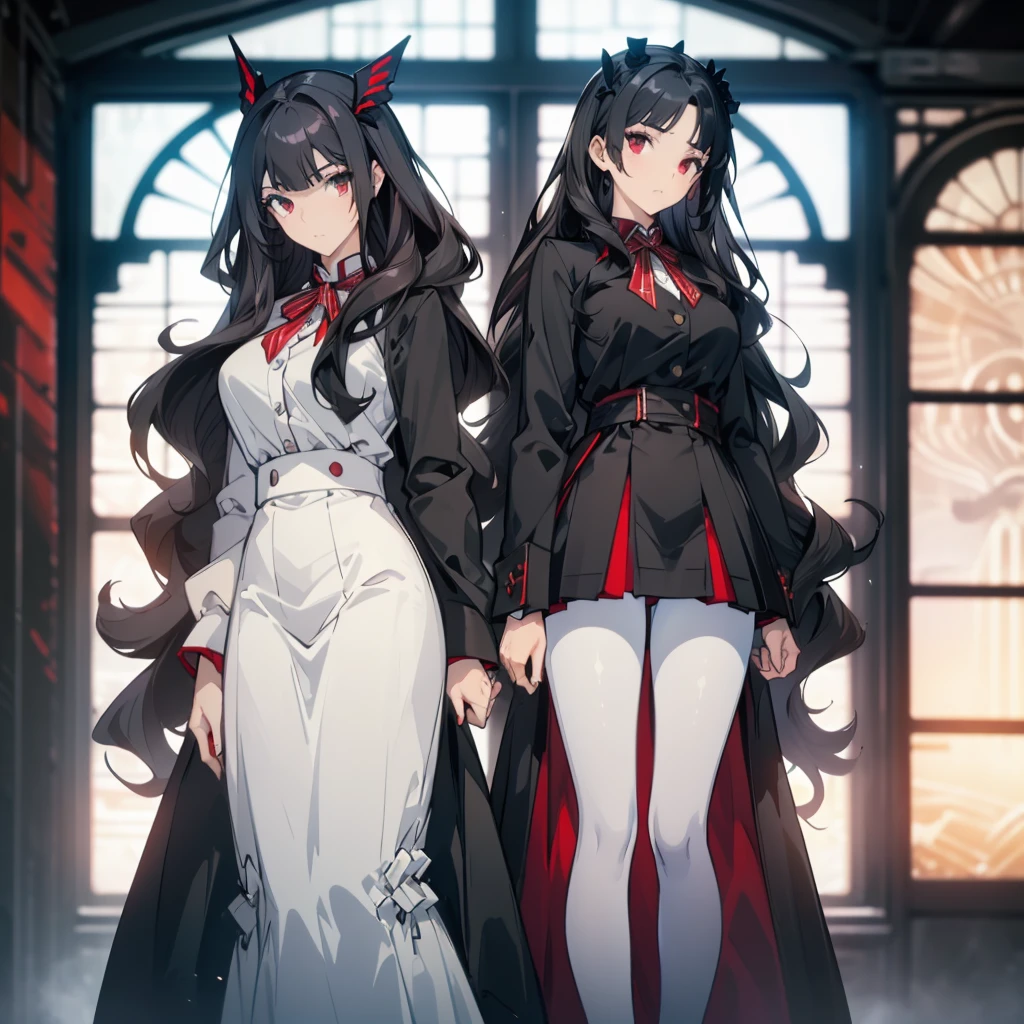 ((masterpiece, best quality)), Delicate face,High School Suit Jacket、Long skirt、JK style,Full body painting,Perfect body proportions,Large Breasts,Long legs,((Long wavy hair)), ((Half of her hair is white,The other half is black,Available in two colors)),Nice red eyes,Fantasy style,Extremely beautiful,Pantyhose