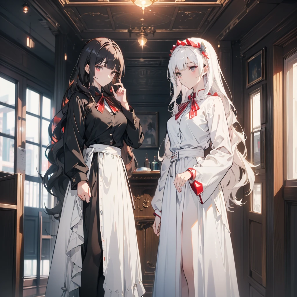 ((masterpiece, best quality)), Delicate face,High School Suit Jacket、Long skirt、JK style,Full body painting,Perfect body proportions,Large Breasts,Long legs,((Long wavy hair)), ((Half of her hair is white,The other half is black,Available in two colors)),Nice red eyes,Fantasy style,Extremely beautiful,Pantyhose