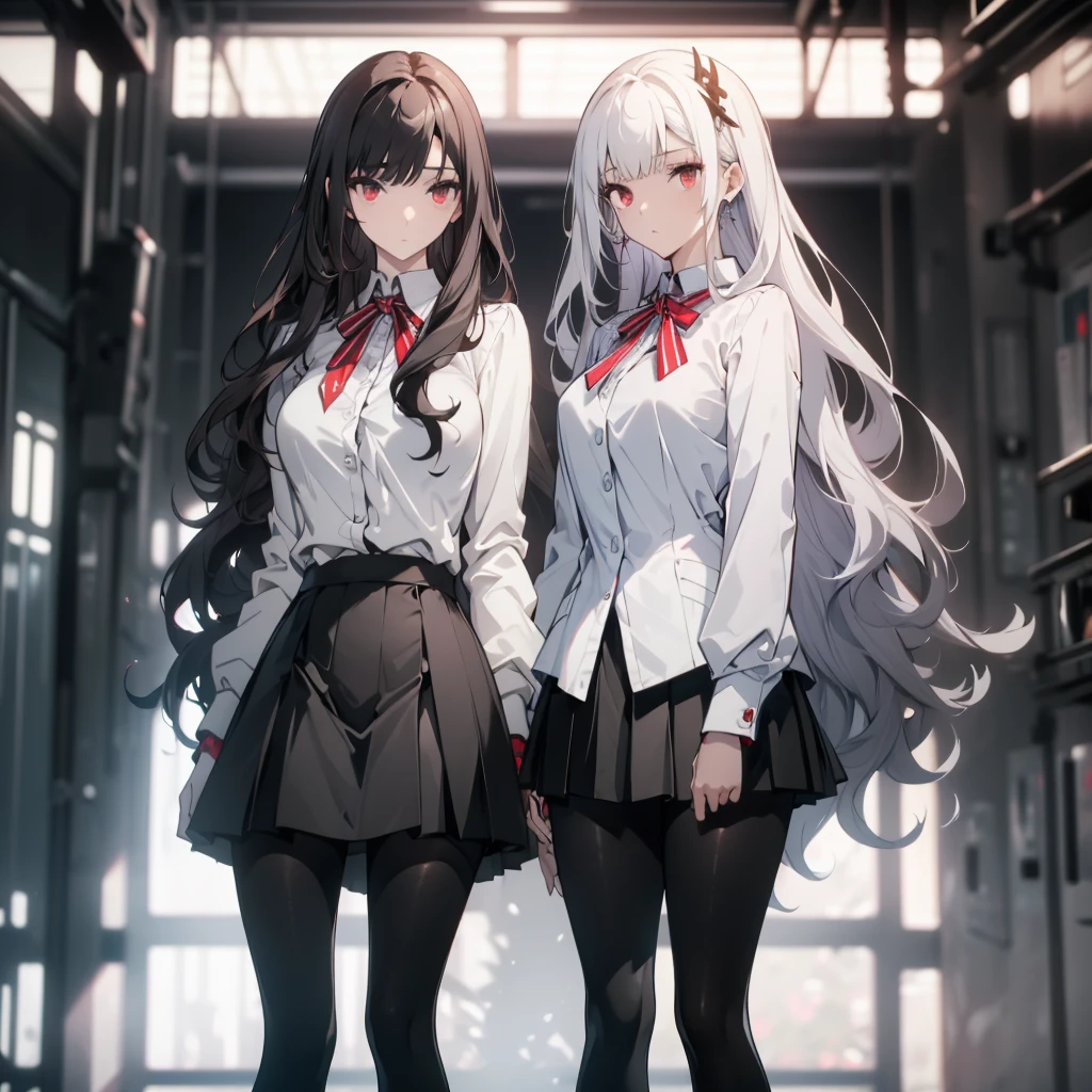 ((masterpiece, best quality)), Delicate face,High School Suit Jacket、Long skirt、JK style,Full body painting,Perfect body proportions,Large Breasts,Long legs,((Long wavy hair)), ((Half of her hair is white,The other half is black,Available in two colors)),Nice red eyes,Fantasy style,Extremely beautiful,Pantyhose