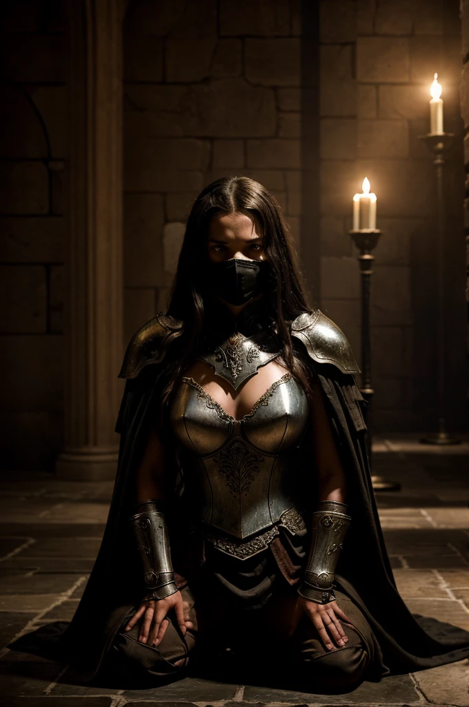 In the dimly lit throne room, shadows dance across the cold stone walls. The king, his face a mask of stern resolve, stands over a young girl who kneels before him, her eyes wide with fear and sorrow. Dressed in his imposing armor, the king raises his sword high, its blade glinting ominously in the flickering torchlight. The girl's delicate frame trembles, her hands clasped in a silent plea for mercy. The atmosphere is thick with tension and the somber weight of impending doom, as the king's decision looms dark and final in the oppressive silence of the room.