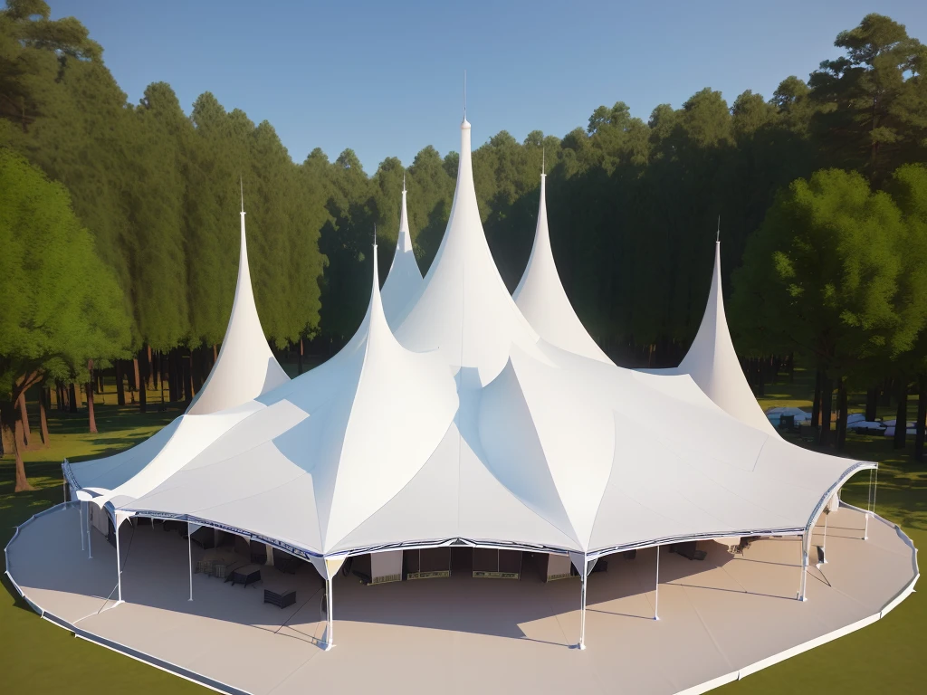 there is a large white tent with a lot of trees in the background, tent architecture, Covered outdoor stage, big top circus tent, tent, tents, an outdoor festival stage, Selection Box, Canopies, pavilion, Rendering illustration, depicted as a 3 d render, Grand design, Artist&#39;s Interpretation, drama, Awesome Award Winning, Sports Palace Amphitheater，Multiple cone tops