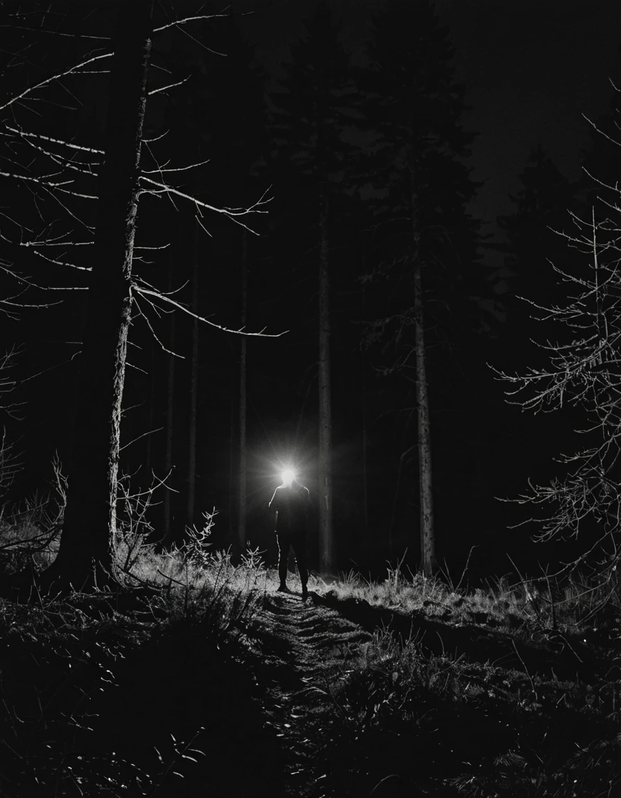 Dramatic imagery __adjective_Horror__ Inhuman creatures that inhabit the forest at night, Night photography, flashlight photography, dark, Grainy, Film Photography, ilford, (Film Grain:1.5), Intricate and precise details, 8K,Real