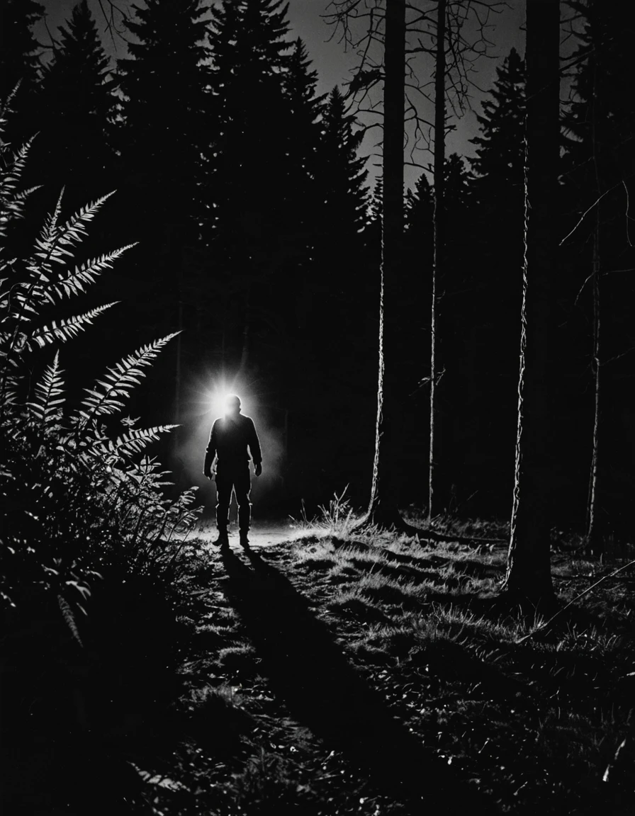 Dramatic imagery __adjective_Horror__ Inhuman creatures that inhabit the forest at night, Night photography, flashlight photography, dark, Grainy, Film Photography, ilford, (Film Grain:1.5), Intricate and precise details, 8K,Real