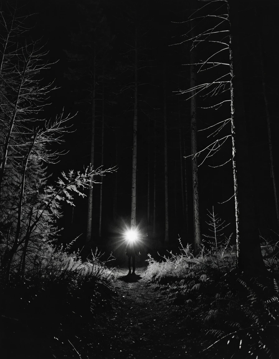 Dramatic imagery __adjective_Horror__ Inhuman creatures that inhabit the forest at night, Night photography, flashlight photography, dark, Grainy, Film Photography, ilford, (Film Grain:1.5), Intricate and precise details, 8K,Real