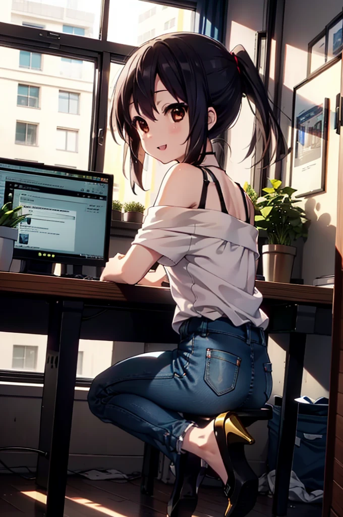 meet, Azusa Nakano, Black Hair, (Brown eyes:1.5), Long Hair, ponytail,Cold shoulder tops,Short sleeve,Skinny jeans,Stiletto heels,happy smile, smile, Open your mouth,interior,There is a computer on the table,Walking,So that the whole body goes into the illustration,昼間
break indoors, office,
break looking at viewer,
break (masterpiece:1.2), Highest quality, High resolution, unity 8k wallpaper, (figure:0.8), (Beautiful attention to detail:1.6), Highly detailed face, Perfect lighting, Highly detailed CG, (Perfect hands, Perfect Anatomy),