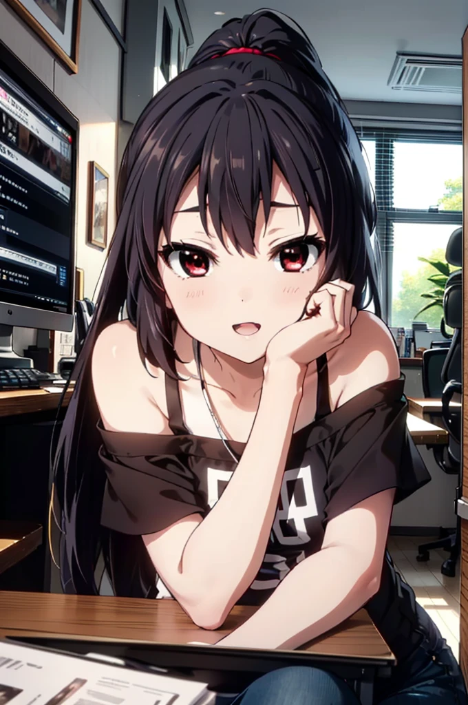 meet, Azusa Nakano, Black Hair, (Brown eyes:1.5), Long Hair, ponytail,Cold shoulder tops,Short sleeve,Skinny jeans,Stiletto heels,happy smile, smile, Open your mouth,interior,There is a computer on the table,Walking,So that the whole body goes into the illustration,昼間
break indoors, office,
break looking at viewer,
break (masterpiece:1.2), Highest quality, High resolution, unity 8k wallpaper, (figure:0.8), (Beautiful attention to detail:1.6), Highly detailed face, Perfect lighting, Highly detailed CG, (Perfect hands, Perfect ???????),