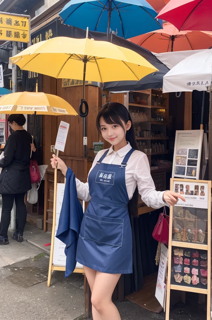 A 20-year-old girl selling umbrellas with umbrellas lined up（Wearing a miniskirt and apron）