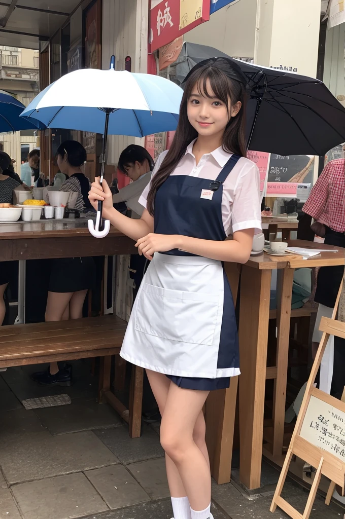 A 20-year-old girl selling umbrellas with umbrellas lined up（Wearing a miniskirt and apron）