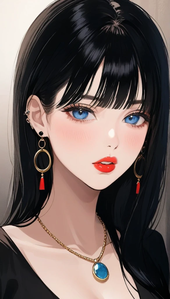 Hot sexy beautiful women biting lower lip, detailed lips , detailed blue eyes, big heavy long circle jhumka earrings , alluring face, necklace , detailed red lipstick ,black hair, blush , makeup ,blunt hair ,ear piercing,balck tight stockings