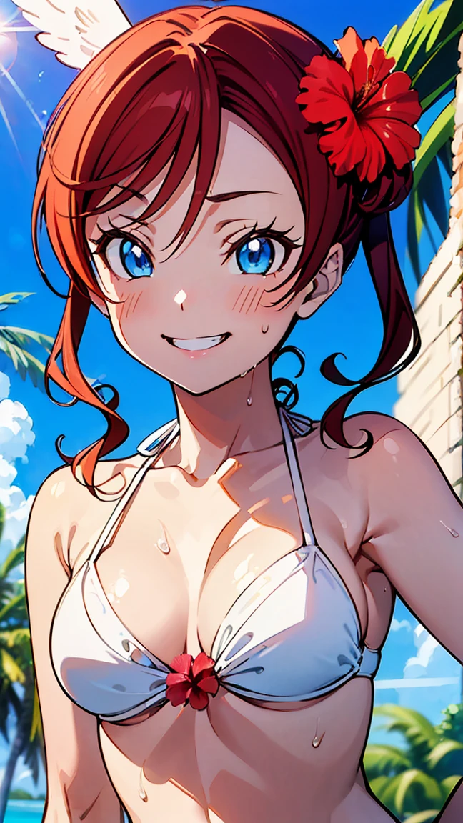 (Squinting Eyes)), (((Rear Composition))),((Focus on lower body from waist: 1.4))),((Pure White Bikini: 1.5)),(((Medium Bust: 1.3))), (Wet), (Smooth),Water,Sunlight,(Wet: 1.2),(Splashes: 1.1)),Open Mouth,(Fluttering Hair: 1.2)),Light Particles,((Pigtails),(Shining Sunlight: 1.2),(Wet Swimsuit),(Strong Sunlight: 1.1),(Lens Flare: 1.3),,High Quality,(8K,Raw,Best Quality,Real: 1.5)),Ultra High Quality,High Resolution,Best Quality,Perfect Face,Perfect Limbs,Perfect Fingers,High Resolution,(((Tropical Resort Bikini background: 1.5))), (((hibiscus and palm trees growing in the background: 1.5))), (((sunny sky: 1.5))), (((delighted: 1.5))), deserted tropical resort background, girl alone, (((: 1.5))), (beautiful anime face, cute face, detailed face), - (red hair, Bangs), ((Slim Figure1.2)), (((medium Breasts1.3))),-, adorable smiling face, (((smiling : 1.5))), (((angelic smiling face: 1.5))), miniature clothing, open lips, pink lipstick, resting, standing, turning around, back view, cowboy shot, miniature human hand, cartoon style, perfect anatomy, perfect proportions, evening, nice lighting, bright colors, clean lines, information, blurry, stunning facial expression, restless emotions, gorgeous, pretty, detailed beautiful face and eyes, (masterpiece) beautiful face, young handsome girl, realistic and perfect skin, bokeh, stunning facial expression, restless emotions, gorgeous, pretty, detailed beautiful face and eyes, (Audrey Hepburn), (), Blake, fine and beautiful skin with cleavage, (cute type), (J-pop idol), (thighs, (depth of field), (depth of field), soft light, glittering lens gaze, (droopy eyes), straight teeth, shy smile, floating hair, a scene from Blake's movie, cinematic full color, 4K, 8K, 16K lace, raw photo, must-see movie, professional color grade, professional photographer, high school girl, , soft clean focus, realistic lighting and shading, (very delicate and beautiful artistic), elegant eyes), (slender), (abdomen 0. 95), (slim), (beautiful