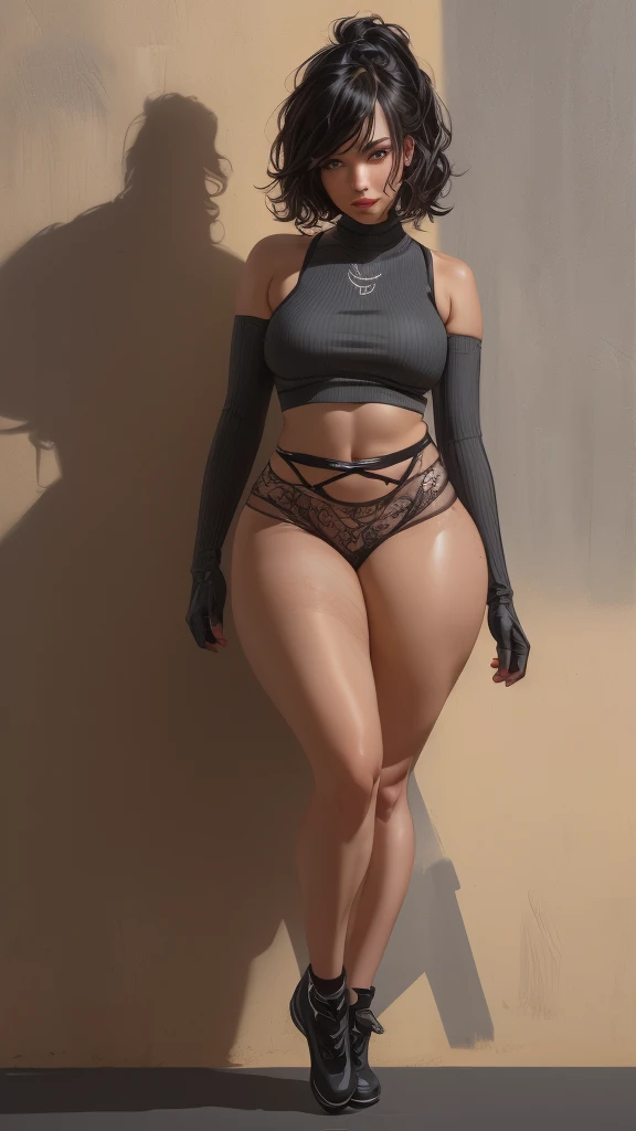 (((Defined women's body))), (((thick thighs))), Cybernetic body parts, (((short underwear))), (((ultra detailed skin))), (((small waist) ), (((defined abdomen))), (((full body))), (((curvy body))),