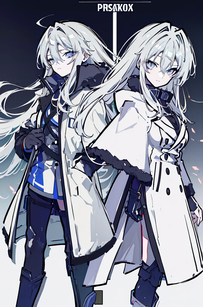 ((Pixiv)),(masterpiece_portrait),(Color Field),(Cyberpunk),(Full Metal Panic),(10s-anime-aesthetic), 1girl, light smile, curvy, large breasts, sharp face, spiked_hair, two-tone hair, white hair, gray hair, hair between eyes, very_long_hair, half closed eyes, sky blue eyes, Closed mouth, reaching out, cowboy shot, Standing, Clenched_hand, Black leotard, Over-kneehighs, White Overcoat, capelet, high_heel_boots