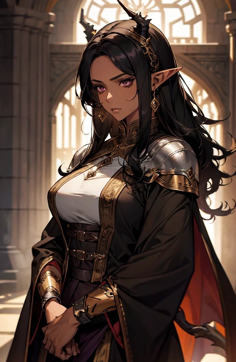 brown skin, older woman, sexy, tall, brown skin, one dragon wing, black hair, elf, elf ears, dragon horns, dark clothing, purple clothing