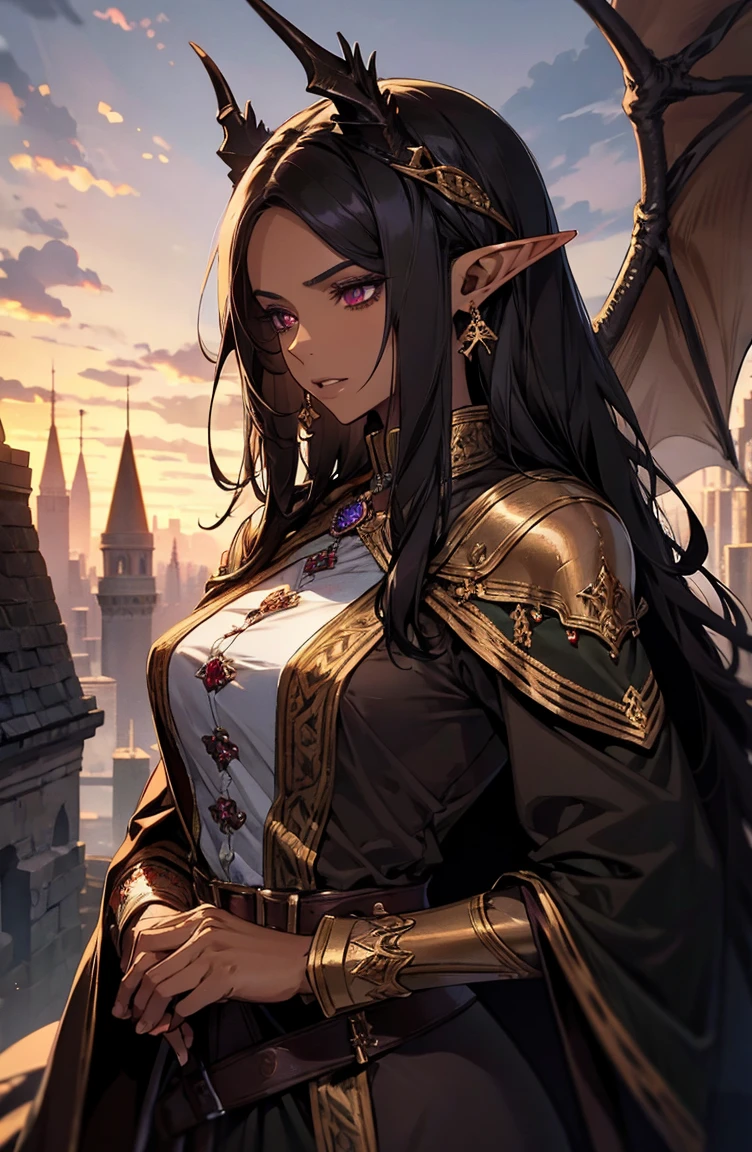 brown skin, older woman, sexy, tall, brown skin, one dragon wing, black hair, elf, elf ears, dragon horns, dark clothing, purple clothing