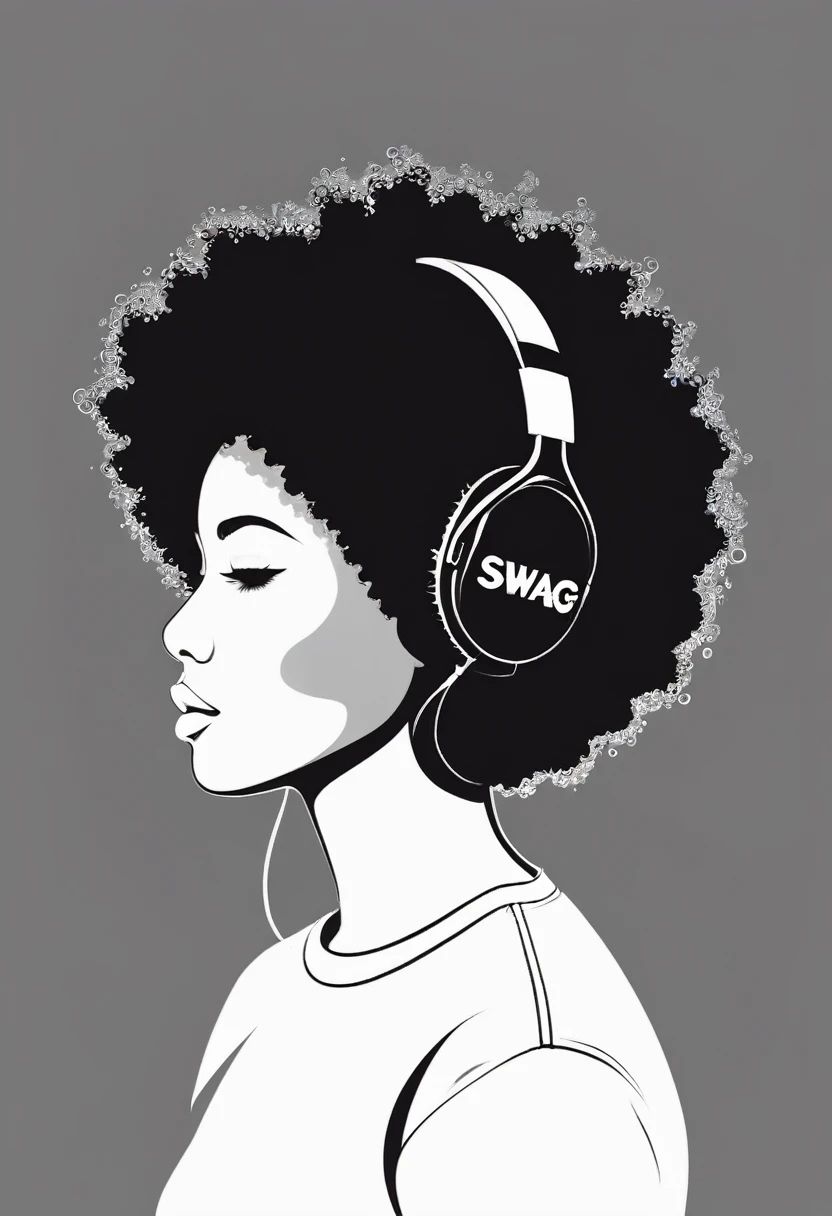 creative logo illustration of a silhouette with afro hair and golden headphone, chaine, monochrome, digital art style featuring the word ( SWAG) by dan mumford, carne griffith, jen pierre monge, sketch, high definition, clean, smooth, negative space, T-shirt design
