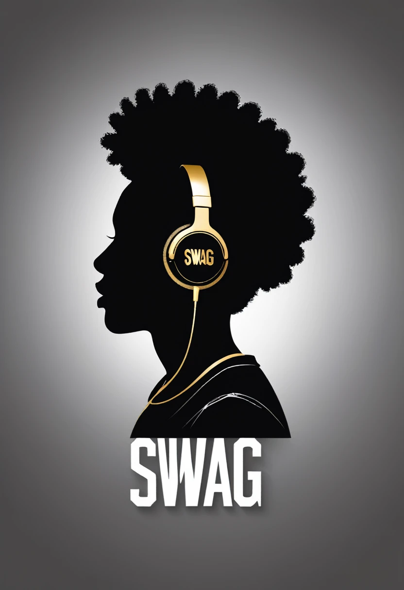 creative logo illustration of a silhouette with afro hair and golden headphone, chaine, monochrome, digital art style featuring the word ( SWAG) by dan mumford, carne griffith, jen pierre monge, sketch, high definition, clean, smooth, negative space, T-shirt design