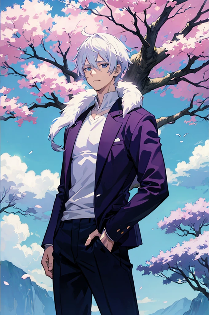 25 years old anime man with white hair, standing in front of a tree,Hands in pockets, shirt off, purplish-blue Aura emerging from his body