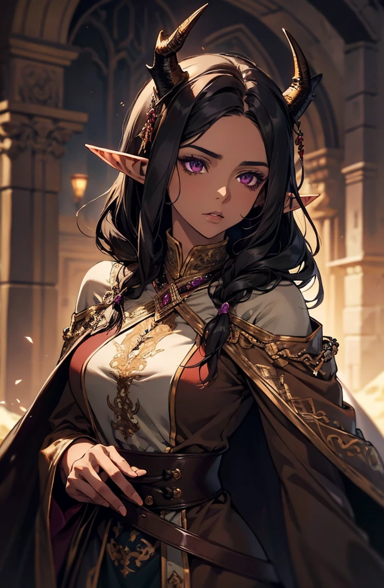 brown skin, older woman, sexy, tall, brown skin, one dragon wing, black hair, elf, elf ears, dragon horns, dark clothing, purple clothing