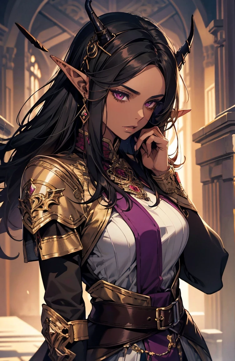 brown skin, older woman, sexy, tall, brown skin, one dragon wing, black hair, elf, elf ears, dragon horns, dark clothing, purple clothing
