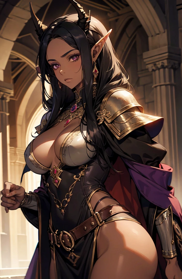 brown skin, older woman, sexy, tall, brown skin, one dragon wing, black hair, elf, elf ears, dragon horns, dark clothing, purple clothing