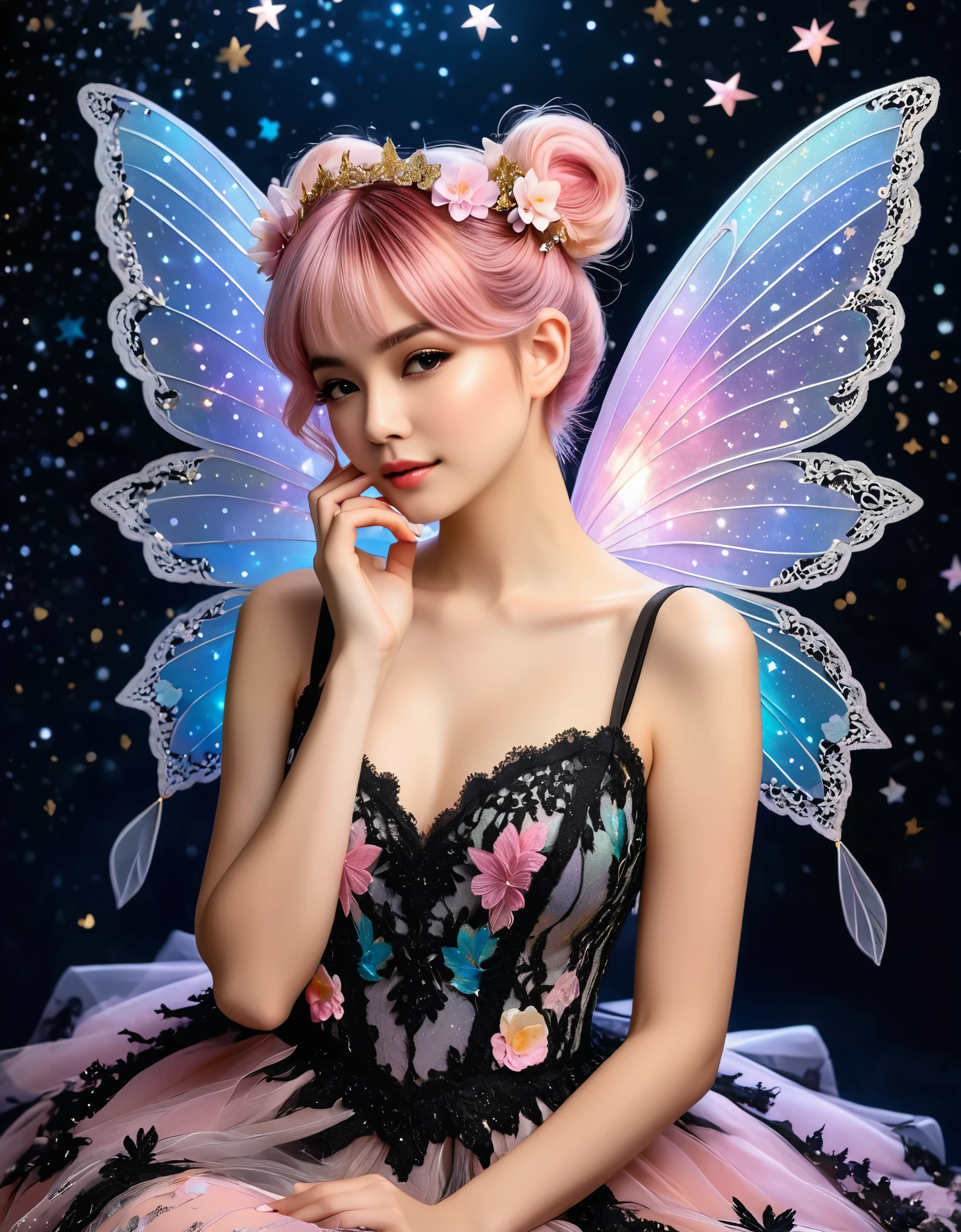 A delicate fairy with short pink hair styled in a loose bun adorned with flowers, wearing a black and white lace dress with intricate details. She has large, translucent wings that sparkle with iridescent colors against a dark, starry background. The lighting highlights her ethereal beauty and the intricate lace of her dress. The fairy's pose is elegant, with one hand gently touching her face and a soft, dreamy expression. The overall image has a magical, enchanting atmosphere with vibrant colors and fine details. (Distant full body view:1.8), (View from side:1.5), Hyper realistic photo, vibrant colors, 16k