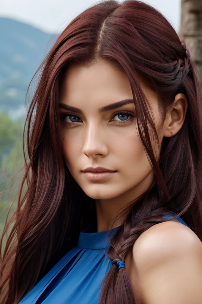 Hair: dark red, long and usually collected in a braidEyes: blue, with a serene but determined lookSkin: ClaraFacial features: Angular and attractive features, with an expression of compassion and strength