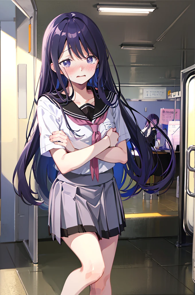 手でHide、hand bra、Hide、Black Skirt、Blushing、school uniform、Embarrassed expression、日本の、Black Skirt、Not wearing a bra、Light purple hair、Semi-long hair、Pale purple eyes、、Blushing、lipstick、Perfect hands、Detailed hands、on the train、、hand bra、toilet
