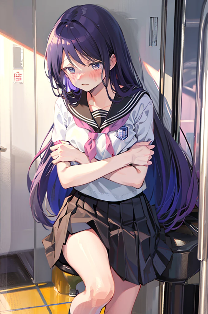 手でHide、hand bra、Hide、Black Skirt、Blushing、school uniform、Embarrassed expression、日本の、Black Skirt、Not wearing a bra、Light purple hair、Semi-long hair、Pale purple eyes、、Blushing、lipstick、Perfect hands、Detailed hands、on the train、、hand bra、toilet
