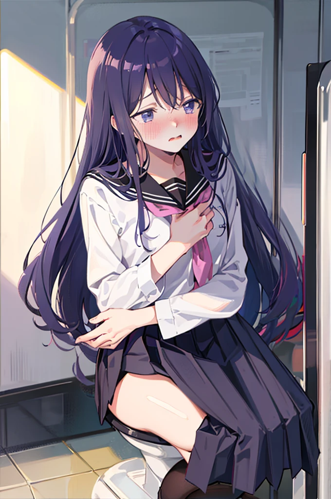 手でHide、hand bra、Hide、Black Skirt、Blushing、school uniform、Embarrassed expression、日本の、Black Skirt、Not wearing a bra、Light purple hair、Semi-long hair、Pale purple eyes、、Blushing、lipstick、Perfect hands、Detailed hands、on the train、、hand bra、toilet
